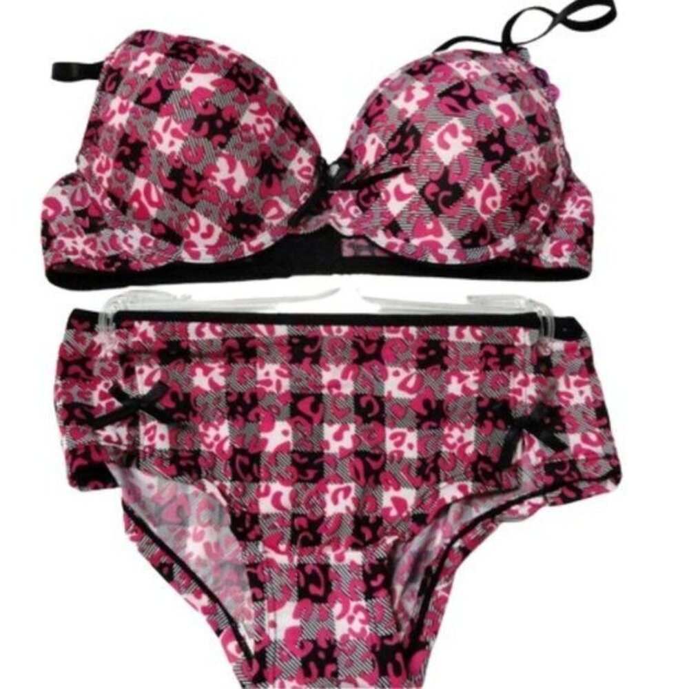Inteco Intimates 36B 5 Padded Bra Panty Set Pink Black Adjustable Leopard Plaid